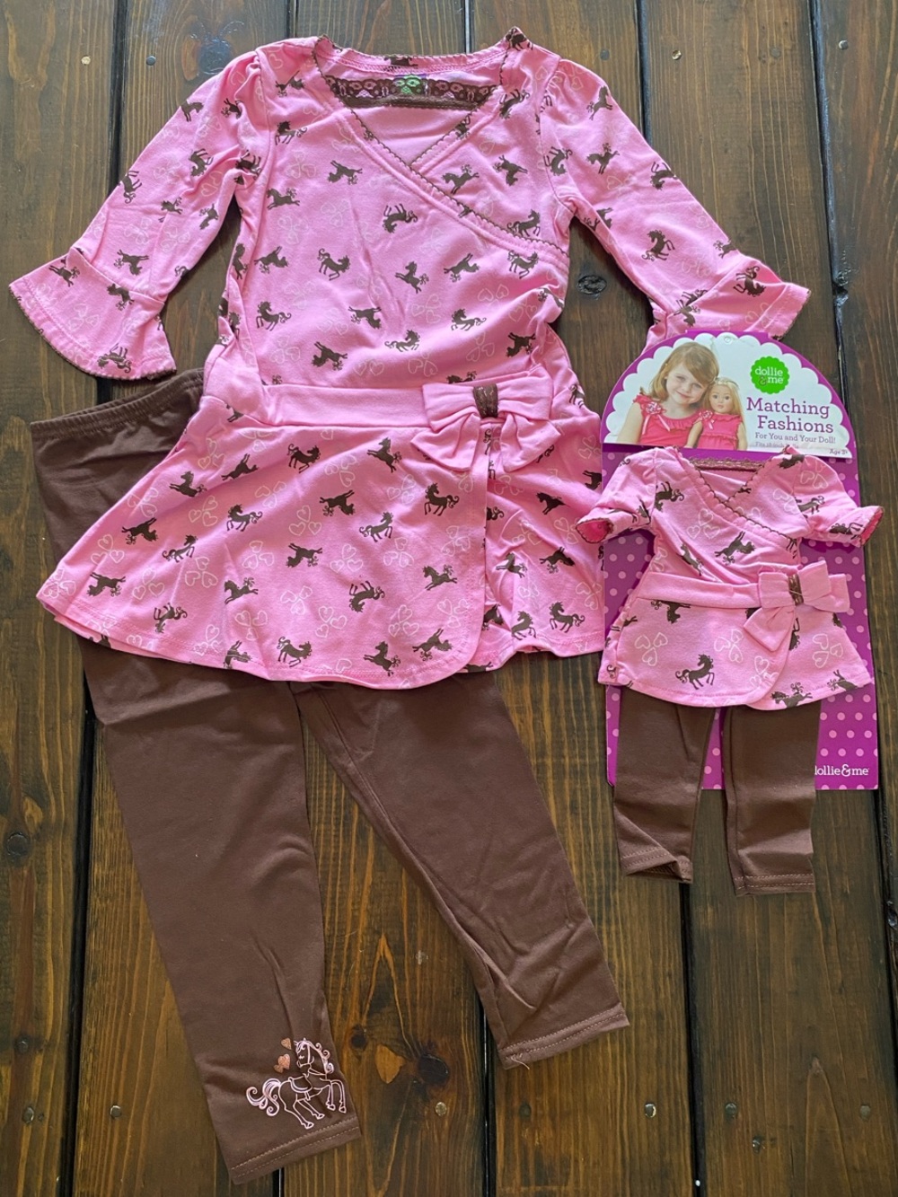 Dollie & Me Pink & Brown Horse-Print Set with Matching Doll Outfit. Size 5